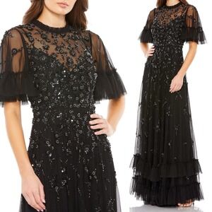 Mac Duggal NEW Black Ruffle Floral Embellished Flutter Sleeve Gown $798 - Size 4